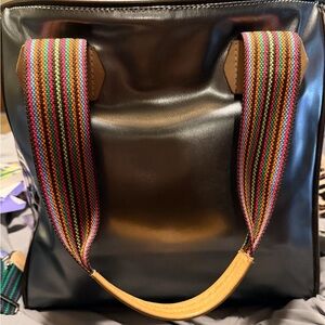 Consuela Black Tote with Multicolor Striped Straps